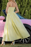 Żółte ramiączka spaghetti Ruched A Line Party Dress