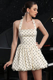 Kość słoniowa Halter Polka Dots Sukienka koktajlowa A Line