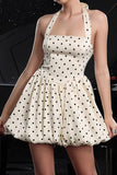 Kość słoniowa Halter Polka Dots Sukienka koktajlowa A Line
