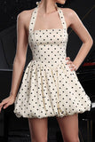 Kość słoniowa Halter Polka Dots Sukienka koktajlowa A Line