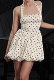 Kość słoniowa Halter Polka Dots Sukienka koktajlowa A Line