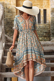 Czerwona letnia sukienka z nadrukiem A Line V Neck