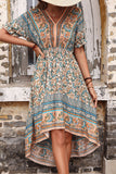 Czerwona letnia sukienka z nadrukiem A Line V Neck