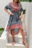 Czerwona letnia sukienka z nadrukiem A Line V Neck