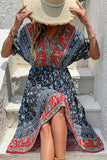 Czerwona letnia sukienka z nadrukiem A Line V Neck