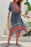 Czerwona letnia sukienka z nadrukiem A Line V Neck