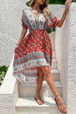 Czerwona letnia sukienka z nadrukiem A Line V Neck