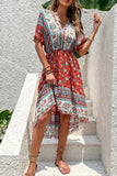 Czerwona letnia sukienka z nadrukiem A Line V Neck
