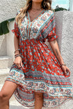 Czerwona letnia sukienka z nadrukiem A Line V Neck