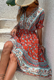 Czerwona letnia sukienka z nadrukiem A Line V Neck