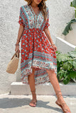 Czerwona letnia sukienka z nadrukiem A Line V Neck