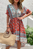 Czerwona letnia sukienka z nadrukiem A Line V Neck