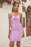 Bodycon Liliowa Satynowa Sukienka Koktajlowa Z Kwiatem 3D