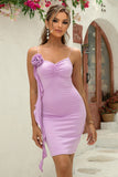 Bodycon Liliowa Satynowa Sukienka Koktajlowa Z Kwiatem 3D