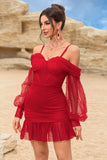 Gorset Cold Shoulder Bodycon Czerwona Sukienka Koktajlowa Z Koralikami
