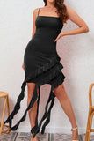 Bodycon Czerwona Satynowa Sukienka Koktajlowa Z Falbankami