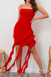 Bodycon Czerwona Satynowa Sukienka Koktajlowa Z Falbankami