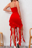 Bodycon Czerwona Satynowa Sukienka Koktajlowa Z Falbankami