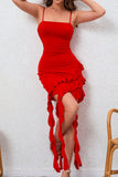Bodycon Czerwona Satynowa Sukienka Koktajlowa Z Falbankami