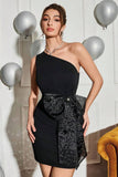 sukienka koktajlowa bodycon na jedno ramię z kokardą