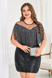 iluzja dekolt cekiny błyszcząca krótka plus size sukienka na powrót do domu z frędzlami