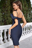 Granatowa falbaniasta bodycon spaghetti na ramiączkach Krótka sukienka koktajlowa