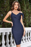 Granatowa falbaniasta bodycon spaghetti na ramiączkach Krótka sukienka koktajlowa
