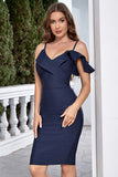 Granatowa falbaniasta bodycon spaghetti na ramiączkach Krótka sukienka koktajlowa