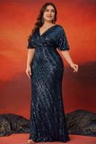 Błyszcząca Granatowa Długa Sukienka Dla Matki Matki Panny Młodej Plus Size