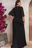 Czarny Plus Size Szyfon Osłona Długa Sukienki Na Wesele z Pół Rękawy