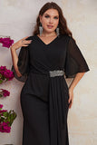 Czarny Plus Size Szyfon Osłona Długa Sukienki Na Wesele z Pół Rękawy