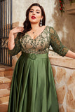 Oliwkowa Plus Size Satynowa Długa Sukienka Dla Matki Panny Młodej Z Aplikacjami