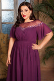Winogronowy Szyfon Plus Size Długa Sukienki Na Wesele z Rękawy