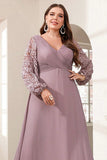 Fioletowa Szyfon Kształcie Litery A Plus Size Długa Sukienki Na Wesele z Appliques