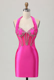 Fuksja Bodycon Halter Satynowa Sukienka bez pleców z cyrkoniami