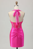 Fuksja Bodycon Halter Satynowa Sukienka bez pleców z cyrkoniami