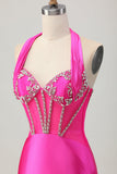 Fuksja Bodycon Halter Satynowa Sukienka bez pleców z cyrkoniami