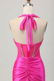 Fuksja Bodycon Halter Satynowa Sukienka bez pleców z cyrkoniami
