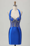Fuksja Bodycon Halter Satynowa Sukienka bez pleców z cyrkoniami
