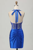 Fuksja Bodycon Halter Satynowa Sukienka bez pleców z cyrkoniami