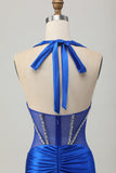 Fuksja Bodycon Halter Satynowa Sukienka bez pleców z cyrkoniami