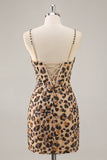 Kahki Leopard Gorset Bodycon Krótka sukienka na powrót do domu z cekinami