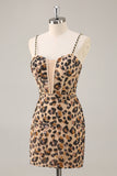 Kahki Leopard Gorset Bodycon Krótka sukienka na powrót do domu z cekinami