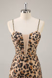 Kahki Leopard Gorset Bodycon Krótka sukienka na powrót do domu z cekinami