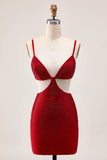 Elegancka czerwona sukienka bodycon z koralikami z wycięciem na powrót do domu