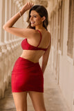 Elegancka czerwona sukienka bodycon z koralikami z wycięciem na powrót do domu