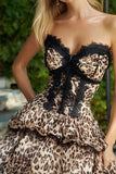 Khaki Leopard Printed Potargana Krótka Sukienka Powrotu Do Domu Z Koronką