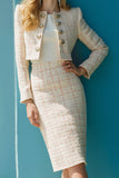 Ivory 2-częściowa tweedowa sukienka robocza midi z rękawami