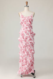 Róż Flower Sheath Spaghetti Ramiączka Potargana Długa Sukienka Gościa Weselnego Z Rozcięciem