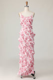 Róż Flower Sheath Spaghetti Ramiączka Potargana Długa Sukienka Gościa Weselnego Z Rozcięciem